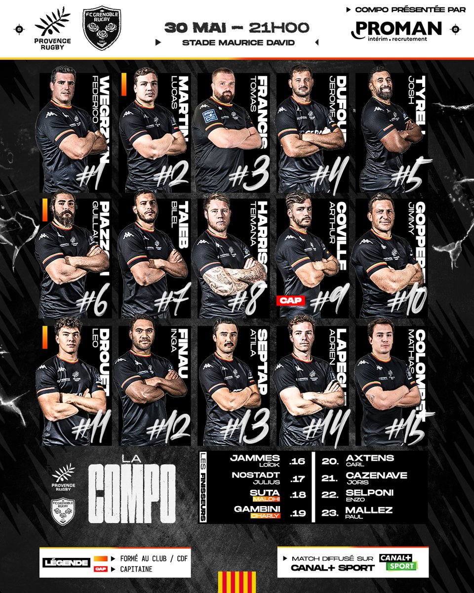 ProvenceRugby's tweet image. 🔴 𝗖𝗢𝗠𝗣𝗢 | Voici les 23 qui tenteront d'emmener la Provence à Toulouse ! 💥