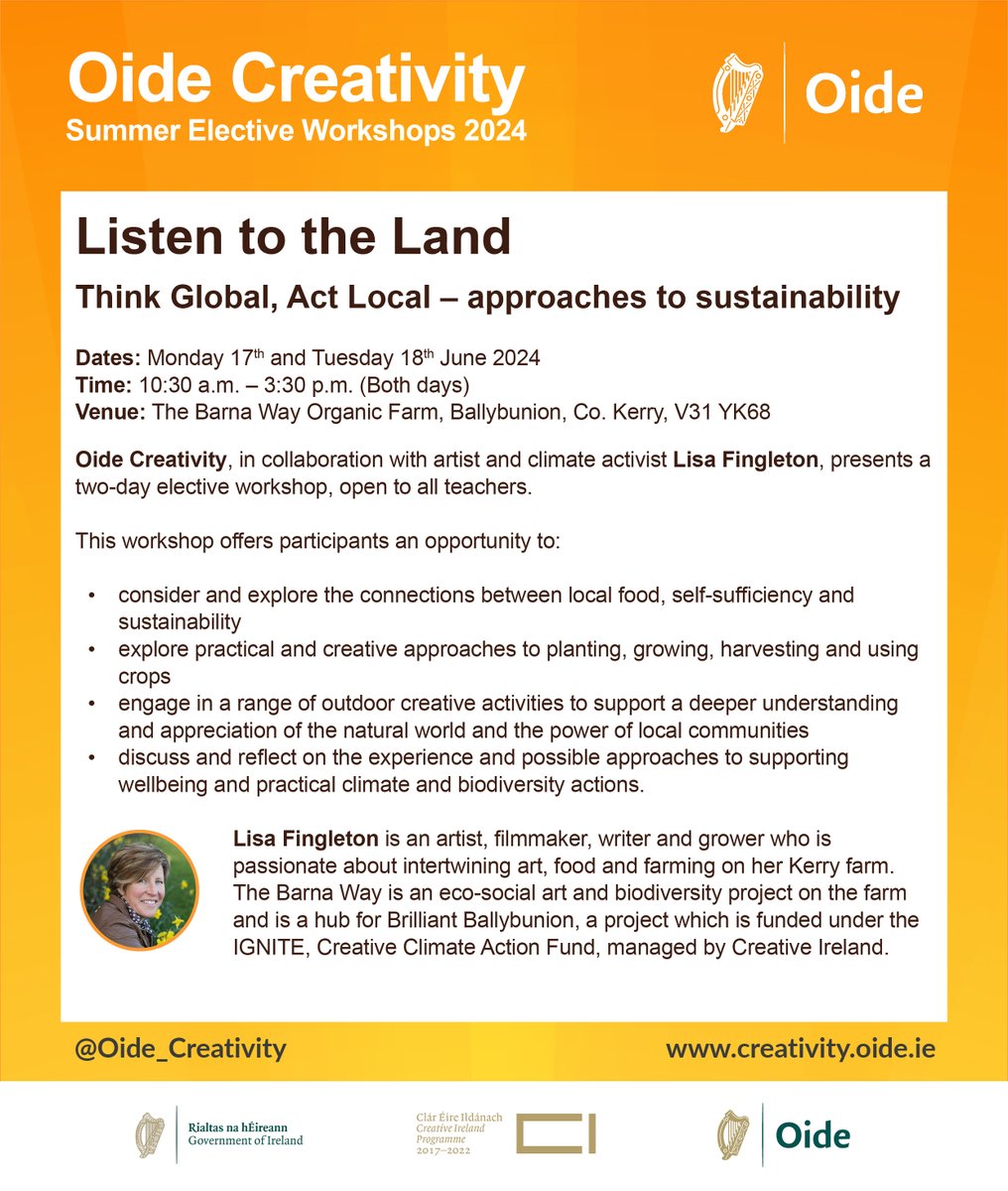 An outdoor, immersive experience on The Barna Way with artist & climate activist Lisa Fingleton. Consider & explore links between local food, self-sufficiency & sustainability. Think Global, Act Local. We have a couple of places remaining. To reg: creativity.oide.ie