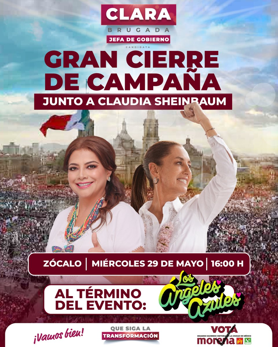 ¡Acompáñanos hoy al gran cierre de campaña, en el Zócalo de nuestra Ciudad de México! Este domingo 2 de junio, con tu voto consolidaremos la continuidad de la Transformación. #LaJefaEsClara #VotaTodoMorena #YoVotoClara