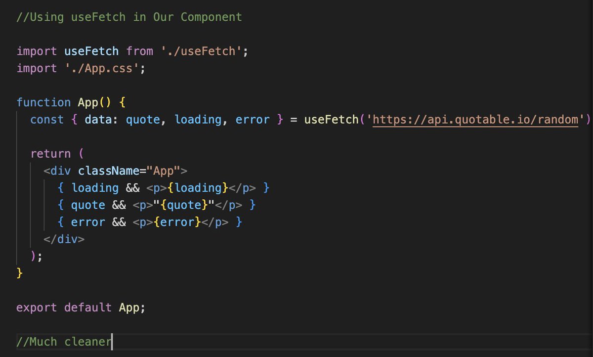 Mr_faizan1818's tweet photo. Day 5 of posting daily coding tips:
We can create a powerful custom hook useFetch in #React that abstracts the process of data fetching from an API.
The images show both conventional & the more cleaner way of fetching data using useFetch hook.
#100daysofcode #OpenAI #4ETH $AMZN https://t.co/it3V5WcNaT