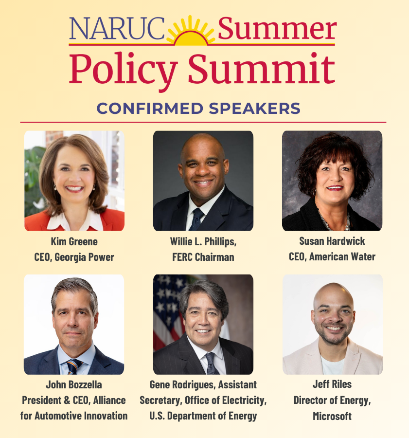 NARUC's tweet photo. Join us at the #NARUCSUMMER24 with our confirmed speakers @KimGreeneCEO (@GeorgiaPower), @wlpFERC (@FERC), Susan Hardwick (@amwater), John Bozzella (@autosinnovate), Gene Rodrigues (@ENERGY) & @jeffriles (@Microsoft). Enjoy the low rates through May 31: https://t.co/Wxbq3BvjXR! https://t.co/8Mw1YjRzpl