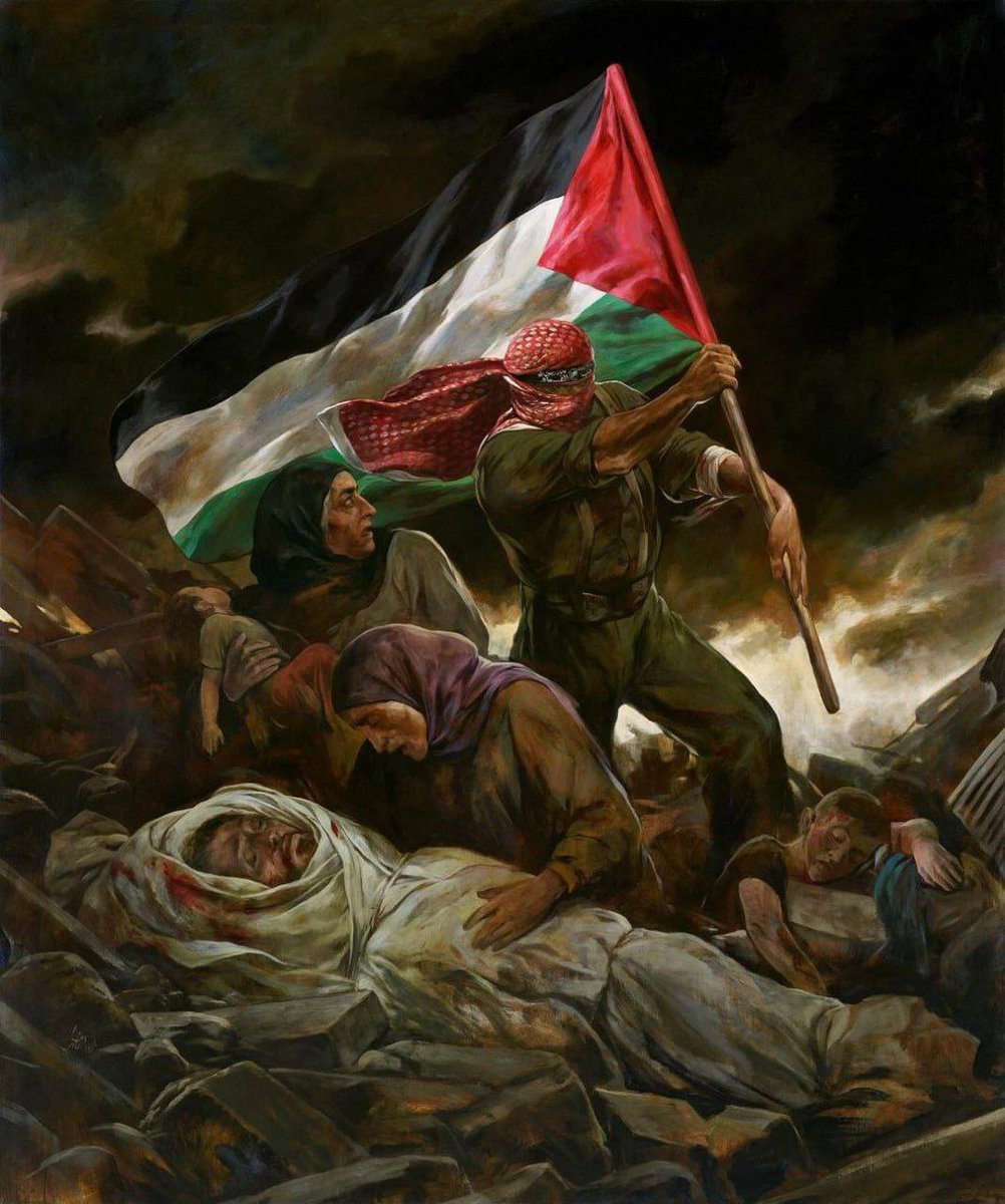 فَتْحٌ قَريب🇵🇸 LA VICTOIRE EST PROCHE… Le dernier tableau du peintre iranien Hassan Rohul Amin, dessiné sur le thème du pouvoir de la résistance et de l'oppression du peuple de #Gaza.