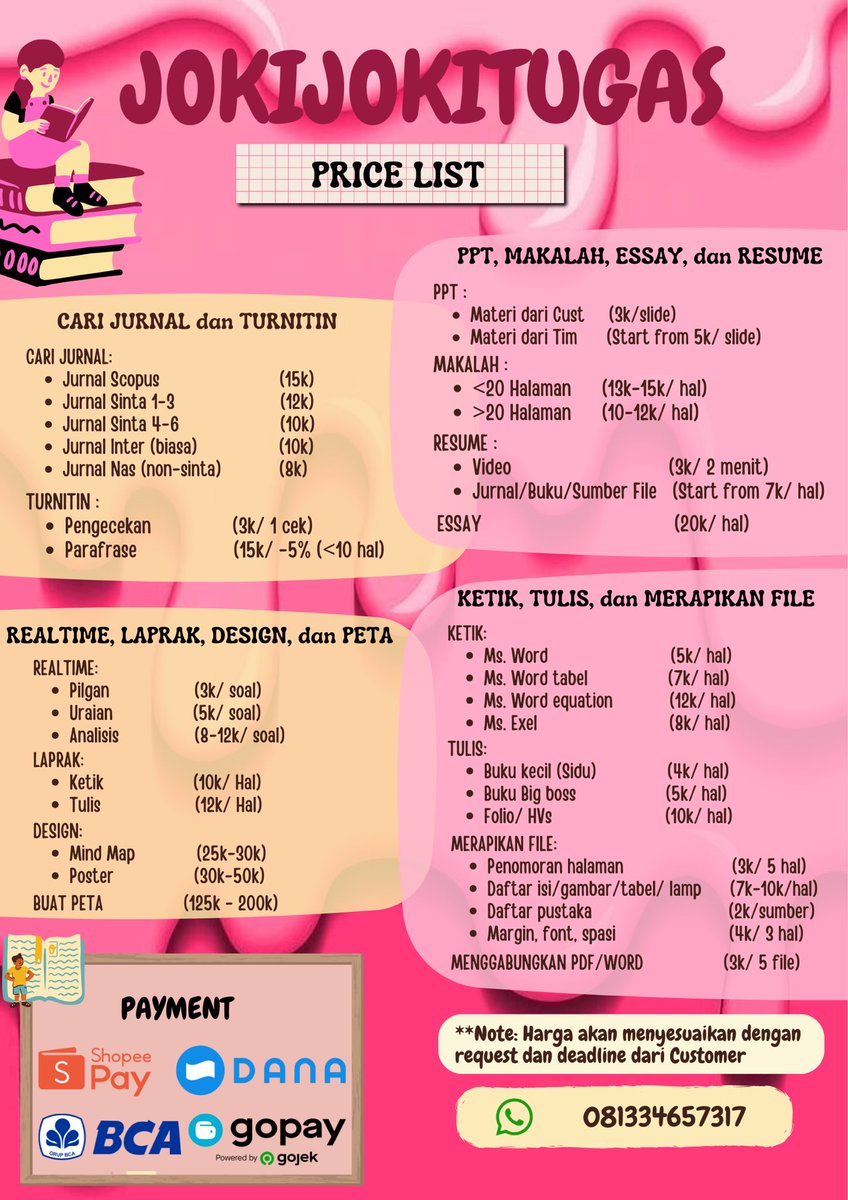 ayo kalian semua yg keteteran ngerjain tugas, boleh banget gasss jokiin🫵🫵🫵

chat aja ke wa.me//6281334657317 trusted banget, ontime, harga terjangkau, dikerjakan spess di bidangnya, fast resp🤩more testi via wa ya🤗