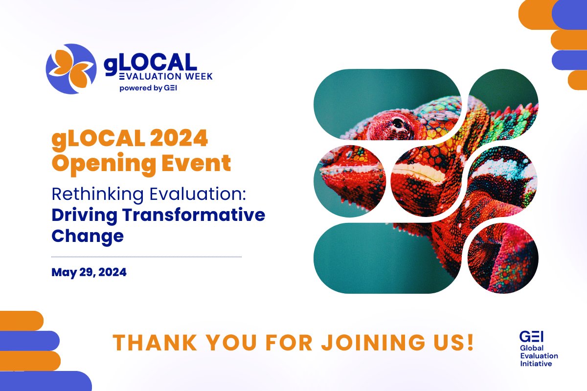 And it's a wrap! Thank you very much for launching #gLOCAL Evaluation Week with us!🙏 

#gLOCAL2024 will take place next week June 3-7 with more than 3⃣7⃣0⃣ knowledge-sharing events on lots of #evaluation topics. 

Sign up & join the learning adventure: glocalevalweek.org