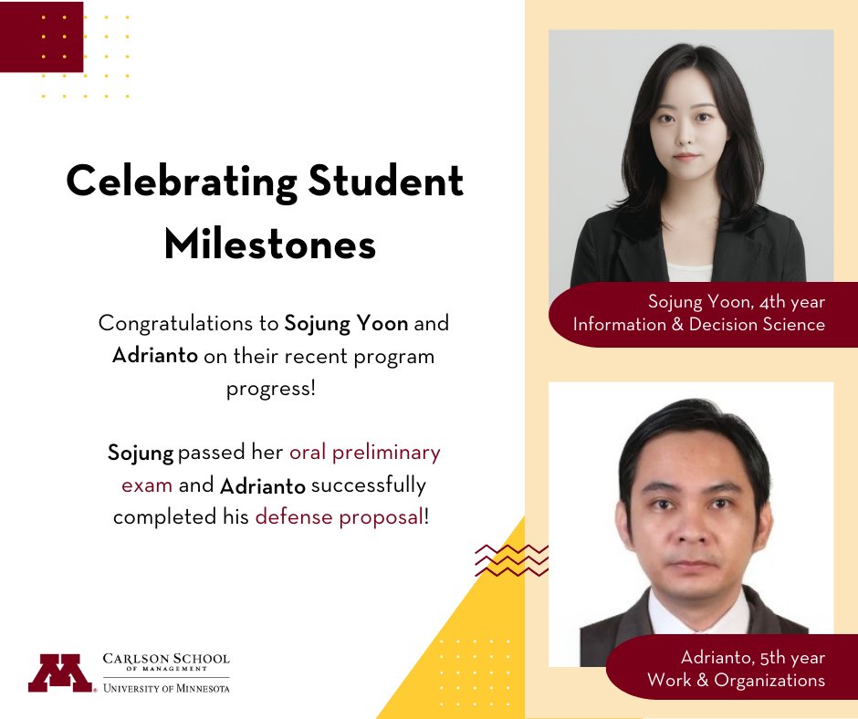 csom_phd's tweet image. Woo-hoo! 👏Congrats Sojung and Adrianto on your recent progress in the program! These are some incredible accomplishments, great job! 🥳