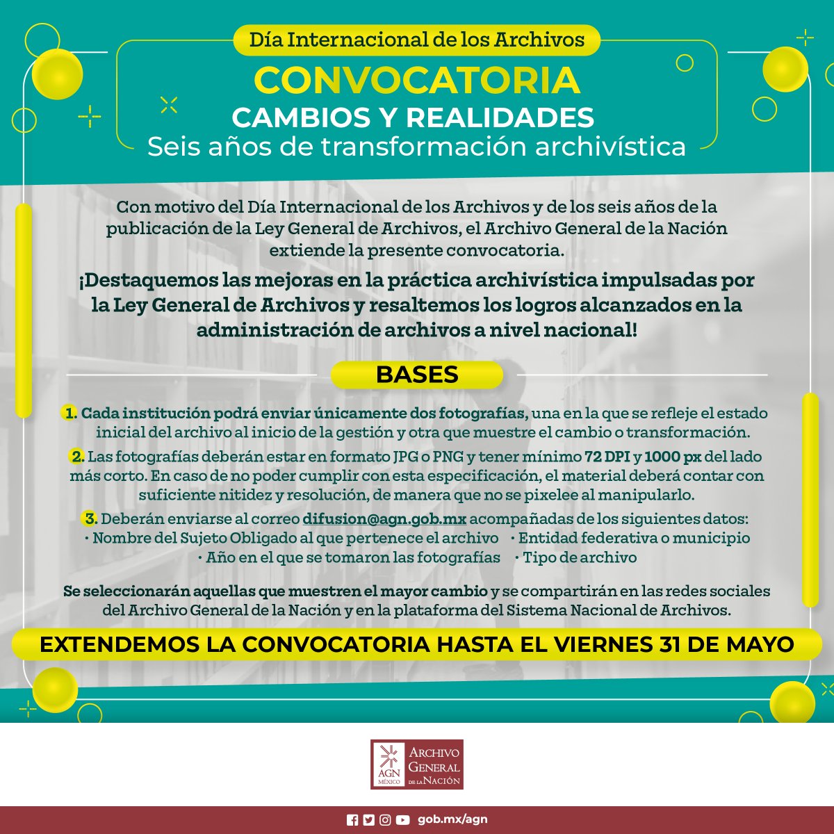 Se extiende convocatoria ⚠️

🎉 ¡Con motivo del Día Internacional de los Archivos, participa en nuestra convocatoria ‘‘Cambios y realidades: Seis años de Transformación Archivística’’ compartiendo una foto del antes y después de tu archivo desde el inicio de tu gestión! 🙌🏼📸