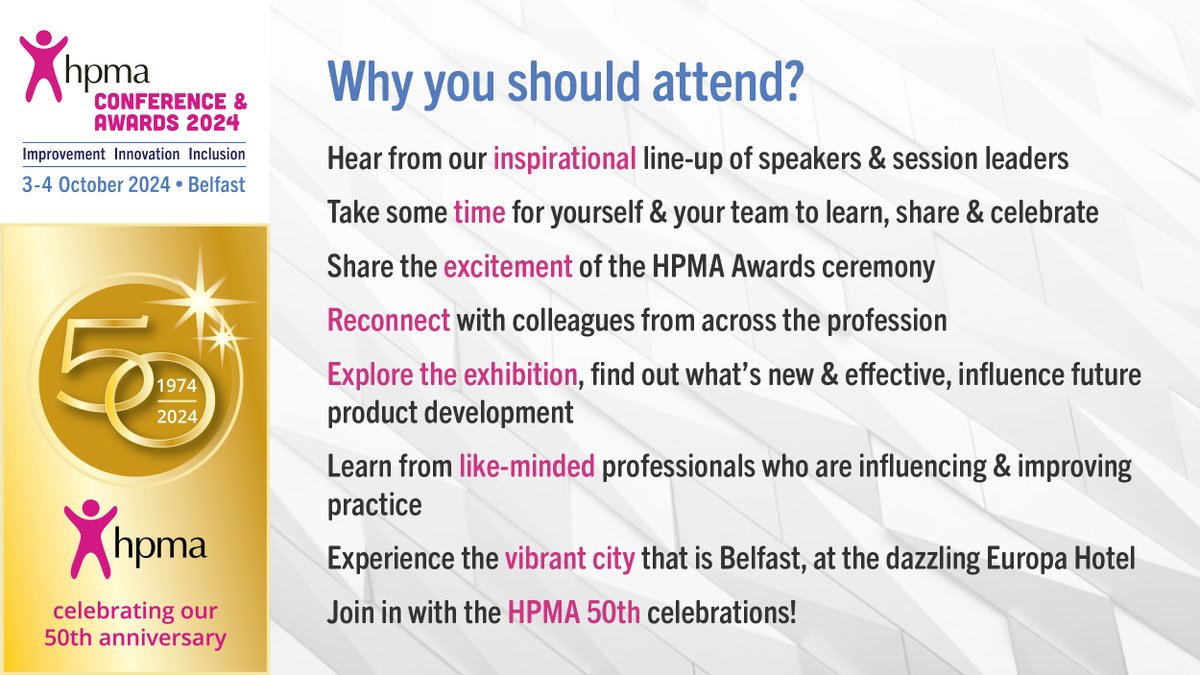 HPMA_National's tweet image. 📢📢8 good reasons to book your early bird ticket for the #HPMA2024 Conference &amp;amp; Awards &amp;amp; join us in Belfast for the HPMA event of the year!
Book your early bird ticket by 17 June! 
hpma.org.uk/conference-202…