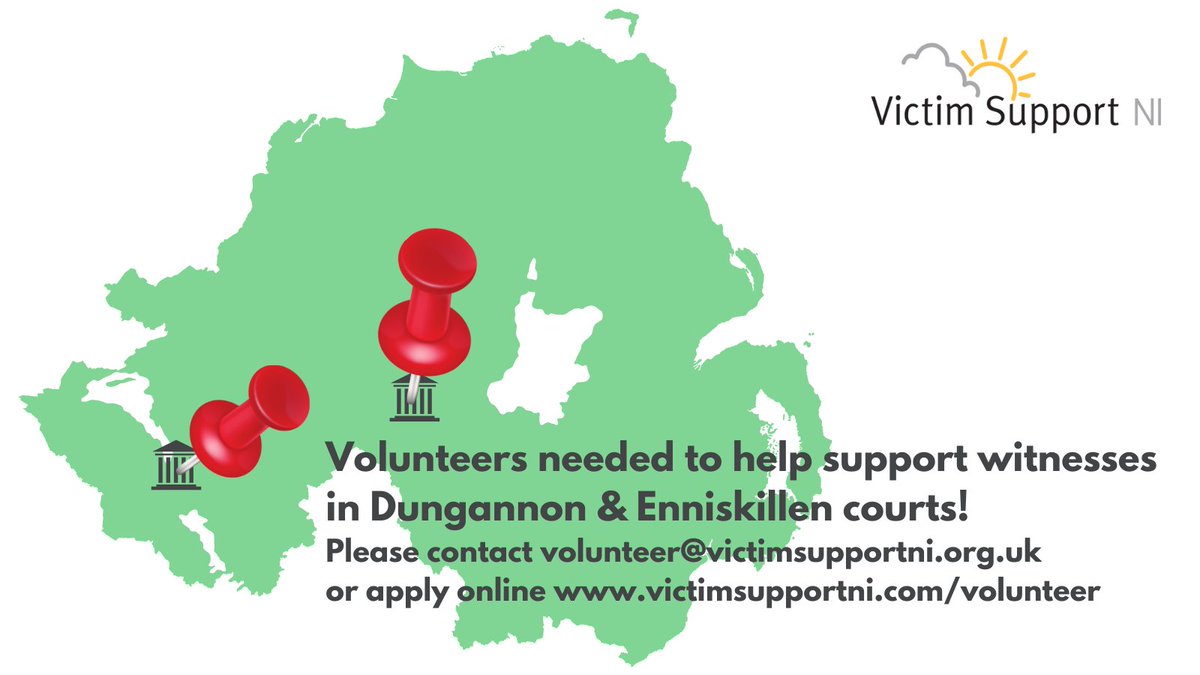 Volunteers wanted to help support witnesses attending Dungannon &amp; Enniskillen courts!  Please get in touch if you think you've got what it takes 😀
Apply online at victimsupportni.com/volunteer
<a href="/jemma_dolan/">Jemma Dolan</a> <a href="/deborah_cheryl/">Deborah Erskine</a> <a href="/ainemurphy116/">Áine Murphy</a> <a href="/GildernewColm/">Colm Gildernew MLA</a> <a href="/TB_Elliott/">Tom Elliott MLA</a>