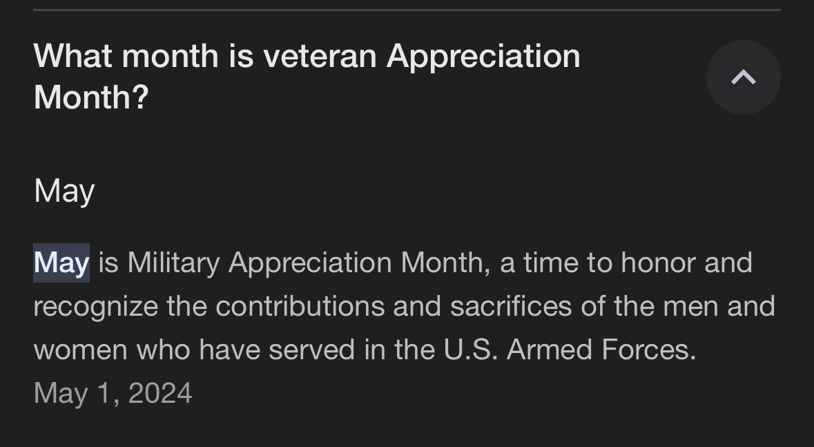 Remember folks May is veterans appreciation month. So before you go crying about pride month in a couple days, make sure you honor and recognize the sacrifices of those who served in the armed forces