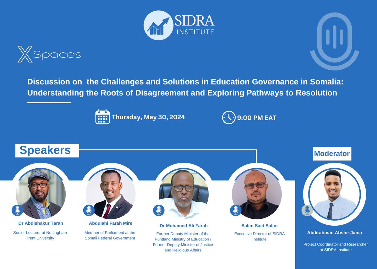 Join us for a special X Spaces (Twitter) discussion on the challenges and solutions in education governance in #Somalia: understanding the roots of disagreement and exploring pathways to resolution.

🗓️Thursday, May 30, 2024 
⏰9:00 PM EAT