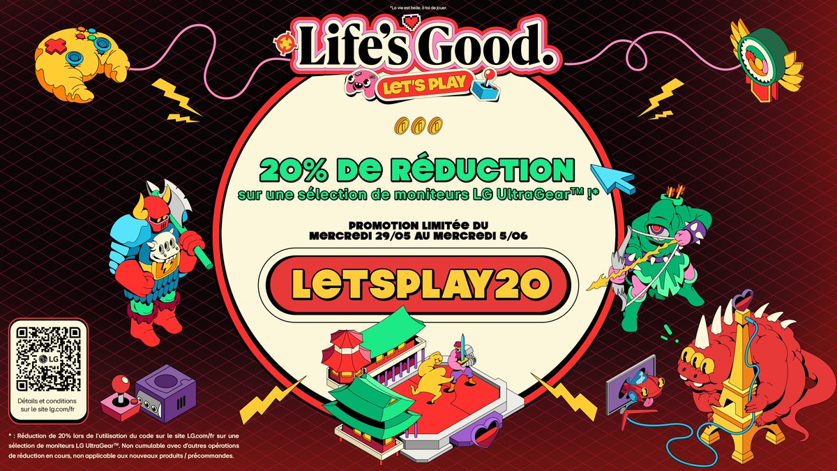 On n'allait pas célébrer la Corée sans vous offrir un big code de promo !

-20% sur une sélection de moniteurs UltraGear jusqu'au 05/06 avec le code LETSPLAY20 🎟️

Promis vous flasherez moins dans les murs avec ça 💜

Pour voir votre futur moniteur : lg.com/fr/promotions/…