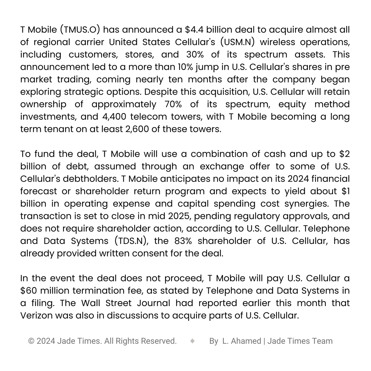 T Mobile to acquire nearly all of US Cellular's wireless operations in a $4.4 billion transaction
—— 
T Mobile will acquire most of U.S. Cellular's wireless operations for $4.4 billion.
——
Visit the link in our bio.
#jadetimes #TMobile #USCellular #TelecomDeal