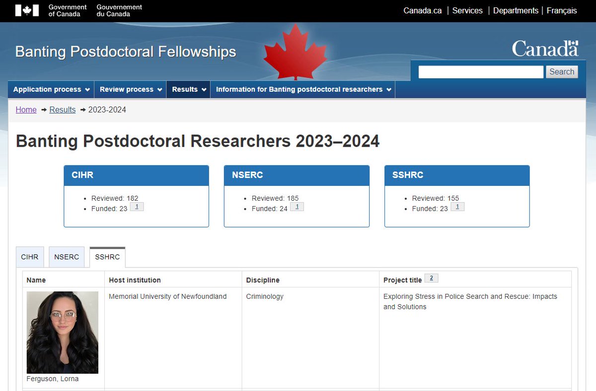 Today the Banting Postdoctoral Fellowships recipients were announced. I'm thrilled to share that I was awarded the Banting to continue my work on policing, search and rescue, and missing persons at @MemorialU with @R_Ricciardelli, starting September 2024. #BantingCanada