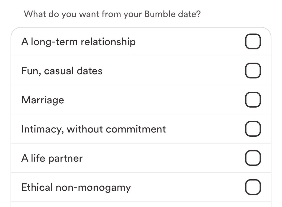 bumble added “intimacy without commitment” to the list of what people are looking for. im so jealous of everyone who found love before the internet because this is pure hell