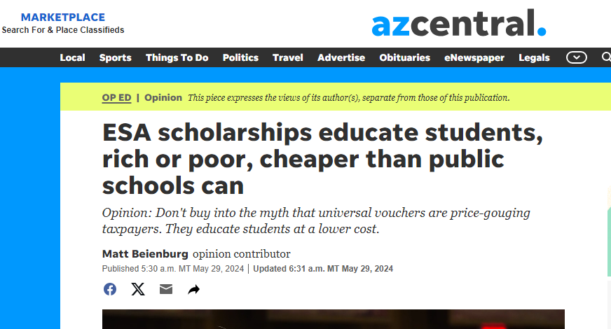 More Good News for School choice, via @azcentral : 1. ESAs Cost AZ Taxpayers Far Less $ Per Student 2. ESAs Help Families Cover up to 100% of Private School Tuition 3. AZ Taxpayers Spend Billions More on 'Wealthy' Public School Families🧵