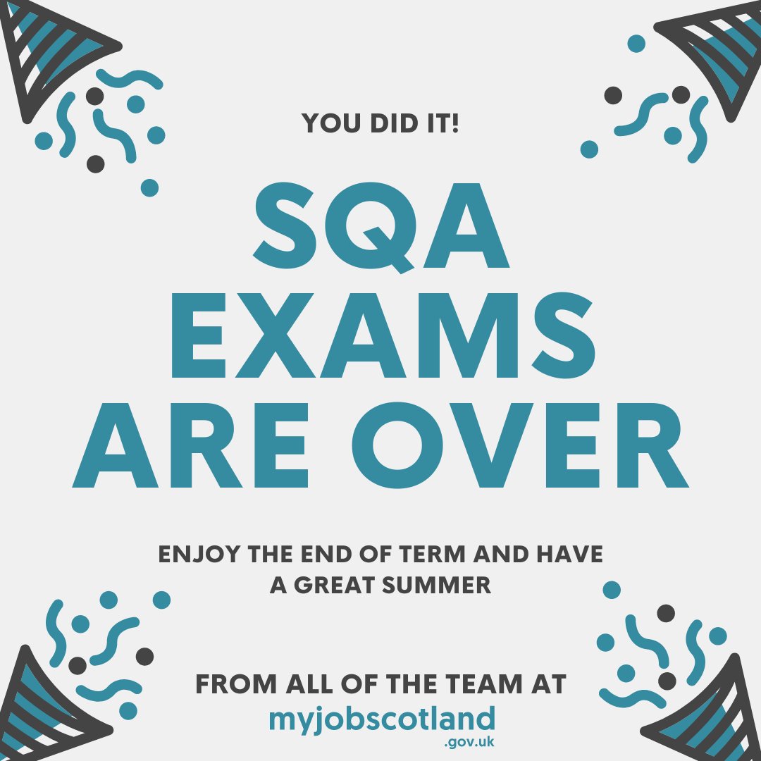 Well done to everyone who has been sitting their SQA Exams this month.

You did it!

Our best advice now is to move on, enjoy the rest of term and make the most of Summer. Don't dwell on how your exams went, put them out of your mind until results day.

#myjobscotland #SQAexams
