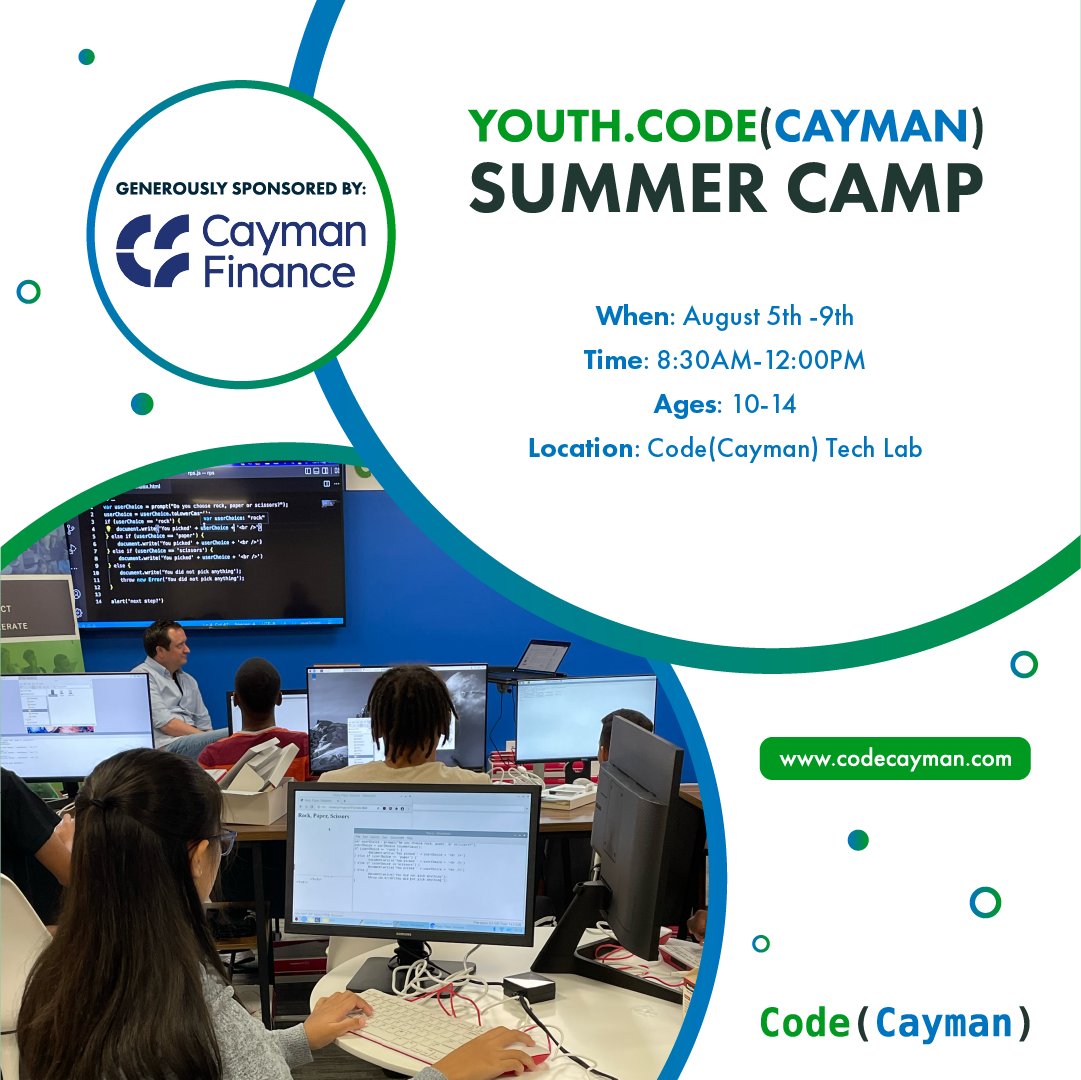 Thanks to our sponsor <a href="/CaymanFinance/">Cayman Finance</a>, join us for the Youth.Code(Cayman) summer camp from August 5th-9th, open to ages 10-14! 🎉  Learn to design webpages and games using HTML, CSS, and JavaScript. 🚀 Sign up now at bit.ly/3yvfQMX

#codecayman #innovationisland
