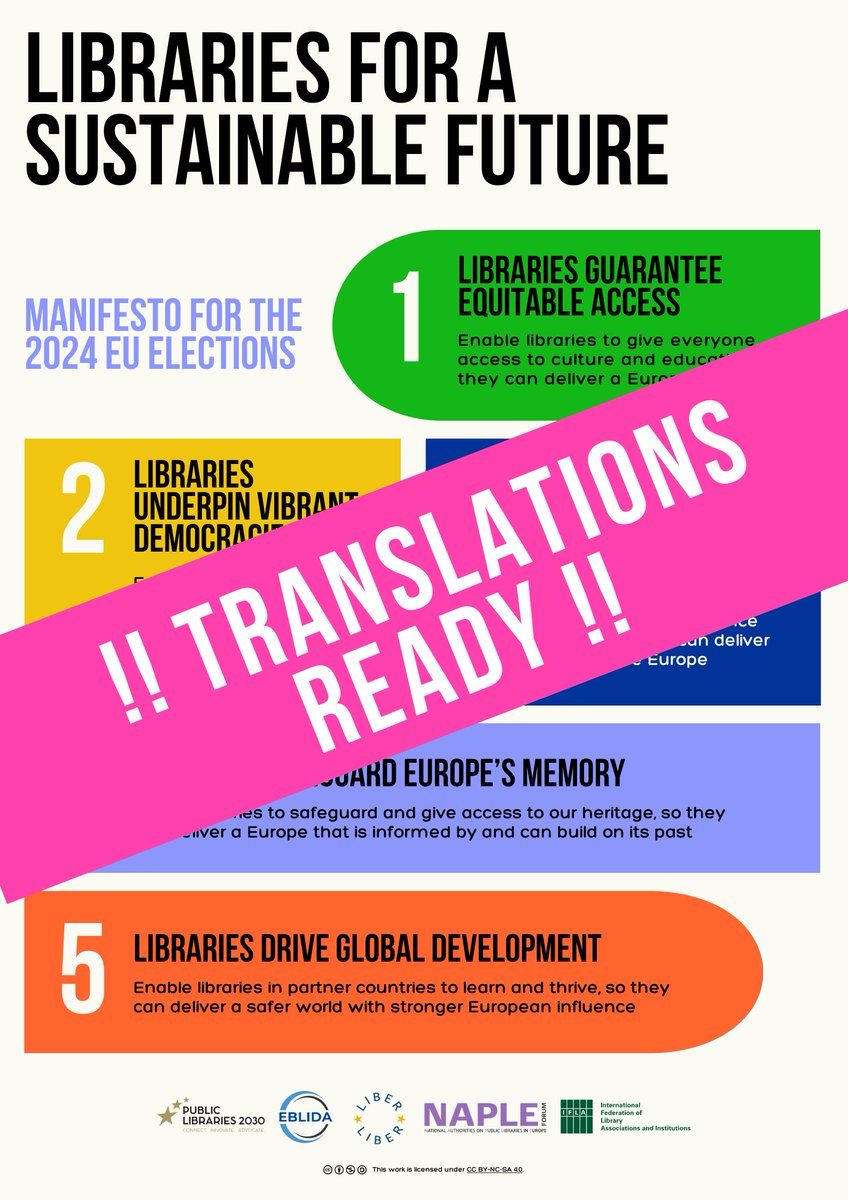 👏 The recently released manifesto authored by European library associations ahead of #EUelections2024 is available in many languages! 🙏Thank you to all translators. Access the manifesto ow.ly/sV1v50RnUJ7 #PL2030 #EBLIDA #LIBER #NAPLEforum #IFLA ow.ly/IjKx50RRanp