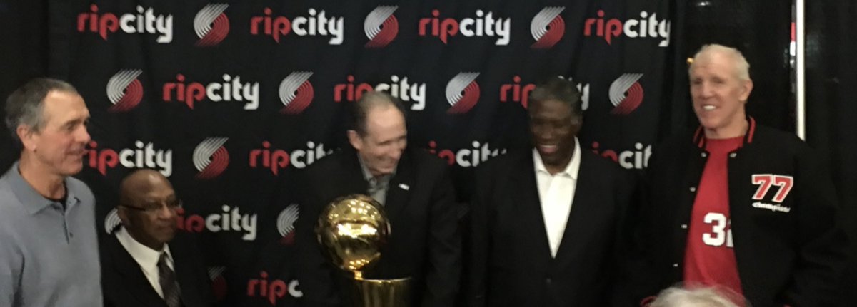 77Blazers's tweet photo. It was January 25, 2017 - It had been a couple of hard months for my boys and I but we were treated to the @trailblazers game through some divine intervention. The #Blazers were going to pay tribute to the 1977 championship team.
#LarrySteele, #LloydNeal, #BobbyGross, #CorkyCalhoun, and #RobinJones were there for sure. I don't remember others there but I don't know. Obviously #BillWalton was there as well. People were lining up to have their pictures taken with the guys and the trophy.
Soon a @ModaCenter employee, who was pretty adamant to not have anyone touch the trophy, was met by a booming voice, "Let them touch the trophy. We all won it. It belongs to everyone."
Not sure what happened to that employee but Bill spoke and we were all very respectful to our trophy. I had seen it many times before in the office back in the day, but that was the day I realized Bill Walton was sharing it with us.
#RIPCity #FareTheeWell