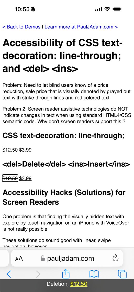 Looks like the <del> and <ins> #HTML tags now speak to VoiceOver on iOS (not macOS). #a11y pauljadam.com/demos/css-line…