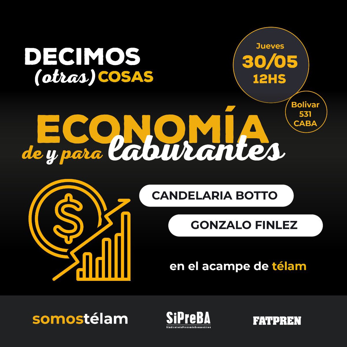 🗓️ Este jueves 30 de mayo @CandelariaBotto y @gonzalofinlez nos visitarán en el Acampe de Bolívar 531 en el marco de la charla “Decimos (otras) cosas. Economía de y para laburantes”. 

Lxs esperamos a las 12 del mediodía para compartir y debatir juntxs. 

#SomosTélam