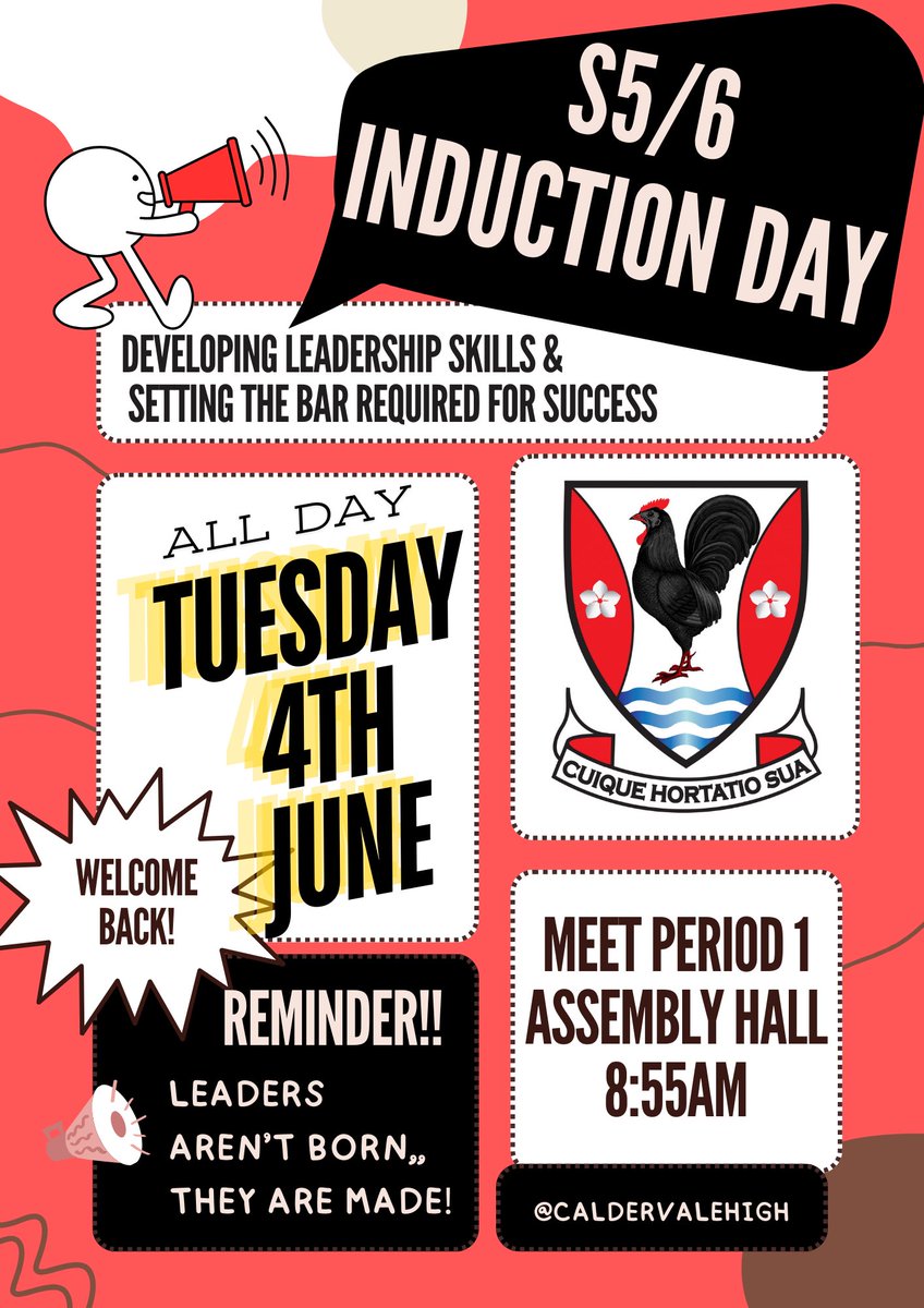 Looking forward to welcoming our new S5 and S6 pupils on Monday. 👋🏻
Tuesday 4th June will be our S5/6 Induction Day packed with lots of activities. All S5/6 should attend in school uniform and bring their PE kit too. 
We can’t wait to get started on an exciting new year! 🤩
