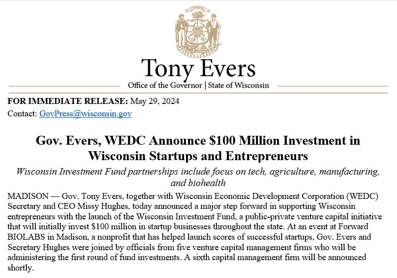 BREAKING: Today, we're launching the biggest public-private investment in Wisconsin startups and entrepreneurs in our state's history with our new Wisconsin Investment Fund!

This new venture capital initiative will invest $100 million in startup businesses throughout the state.