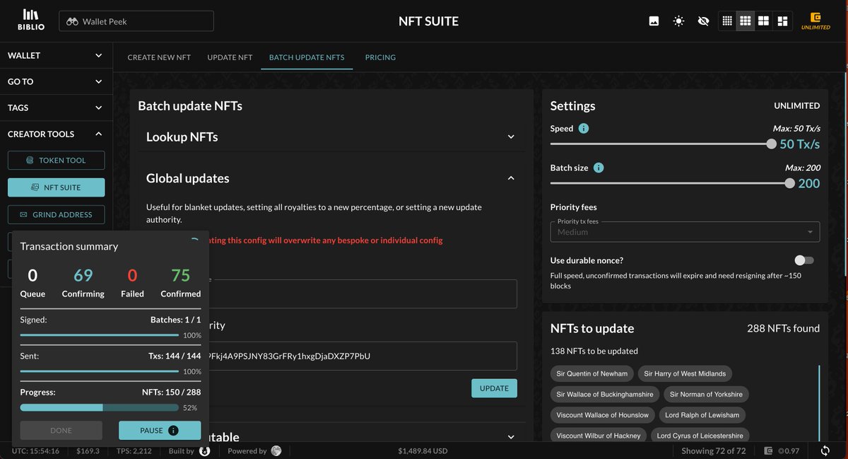 Solana congestion getting you down?

Can't update your collection of 10k NFTs using Metaboss due to 95% of txs timing out?

Biblio batch update just got a huge refactor to deal with updating large numbers of NFTs in a reliable way.

Broadcast and retry at up to 50 tx/s.

Pause,