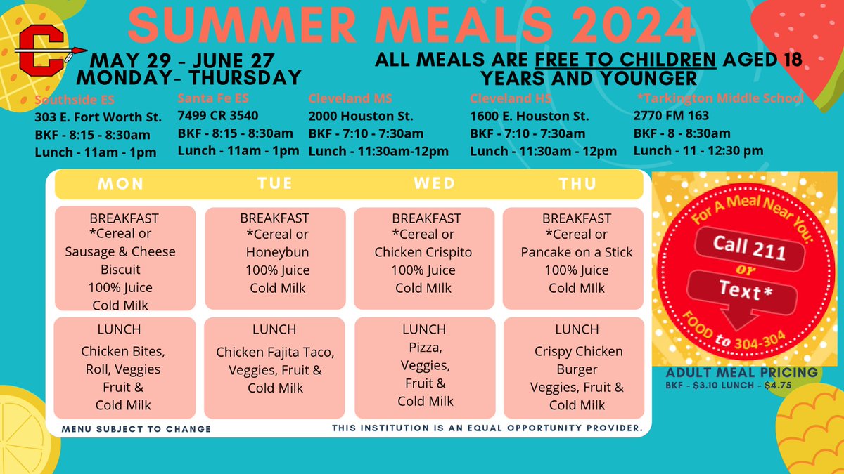 REMINDER - Summer meals start today! All meals are FREE to children ages 18 and under! See the flyer below for locations, times, and menu items.