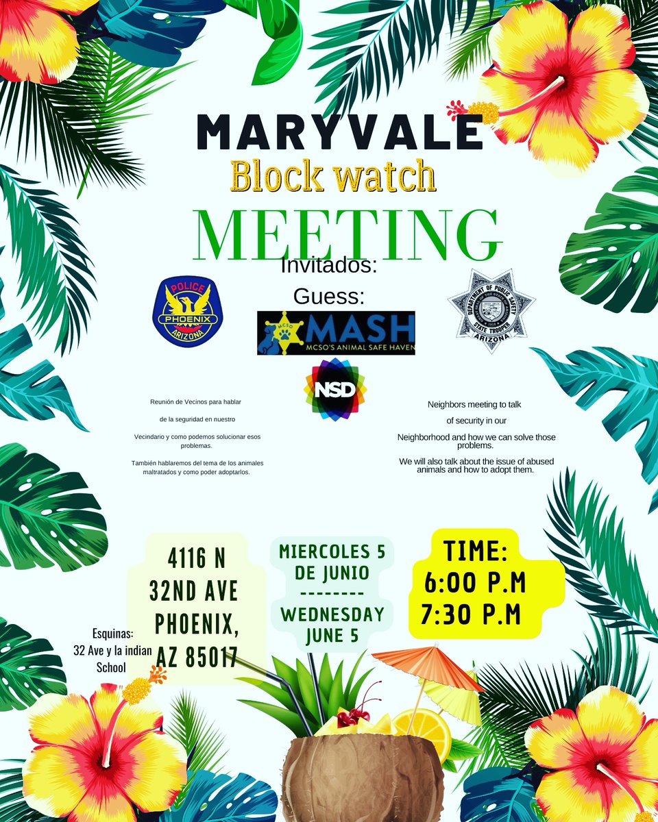 OsborBlockWatch's tweet image. Maryvale BlockWatch Meeting:
Wednesday, June 5, 2024
4116 N 32nd  Ave Phoenix Arizona 85017
at 6 p.m 
See you Then.