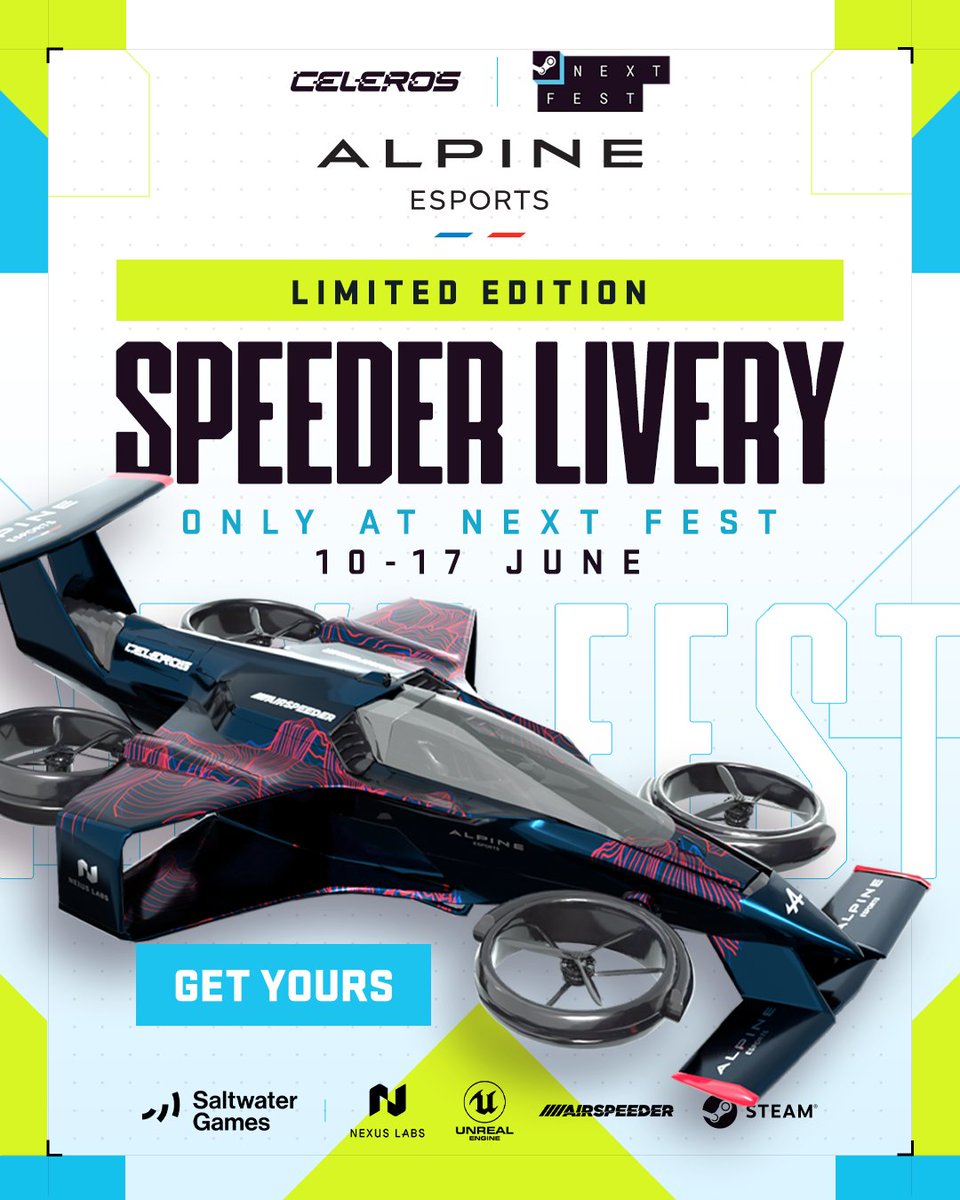 Earn the official @AlpineEsports Speeder Livery, only during @Steam Next Fest! Next Fest is your only chance to unlock this limited-edition decal for use after the full release of Celeros - so don't miss out!