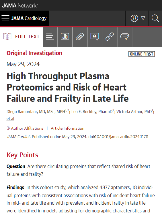 Proteomic biomarkers linking heart failure and frailty were identified using large-scale plasma proteomics in two independent cohorts. Several of these proteins demonstrated causal associations with both incident heart failure and frailty. ja.ma/4c0mcmb