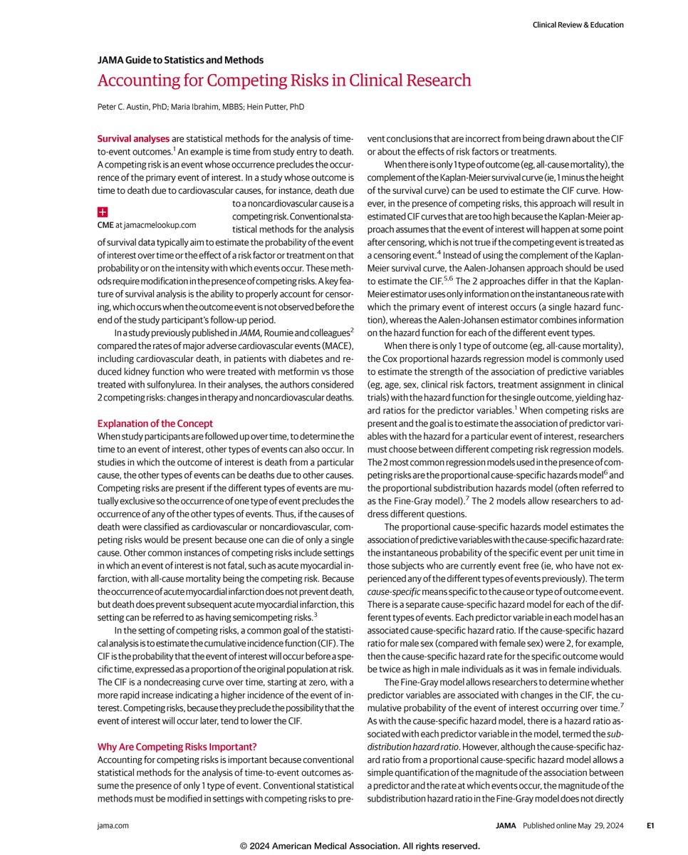 JAMA Guide to Statistics and Methods article discusses accounting for competing risks in clinical research. #CausalInference #MedTwitter #MedStats 

ja.ma/3KijGfc