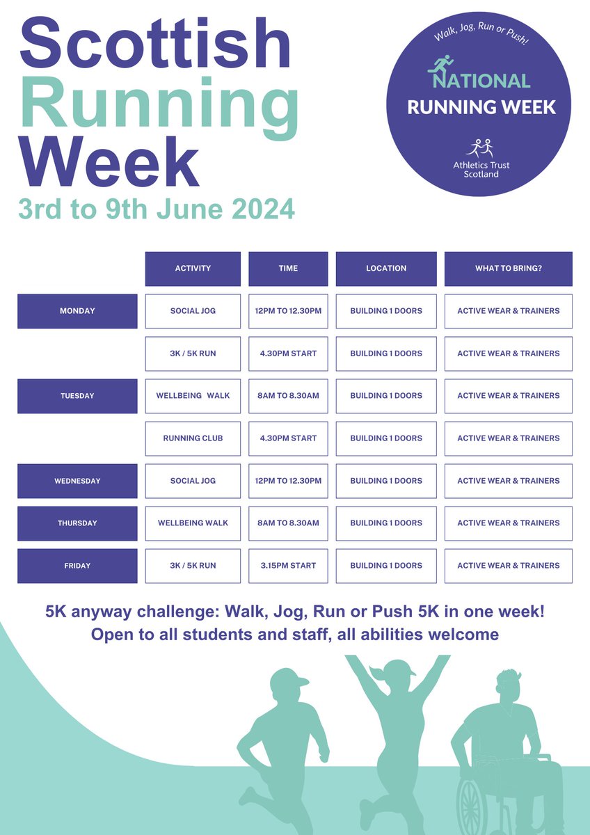 📣 Scottish Running Week 📣 We have a number of walking, jogging, and running activities happening on campus, starting on Monday 3rd June to highlight National Running Week 🏃 Check out the timetable below. 👇