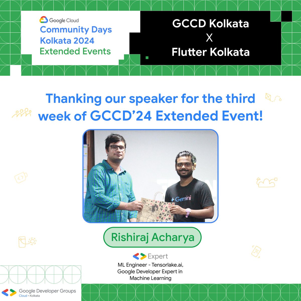 GCCD Kol is grateful towards Rishiraj Acharya for sharing his expertise in 'Fine Tuning & Aligning Gemma with Hugging Face' at week 2 of Extended Events -> GCCD Kol'24 x Flutter Kolkata! 🌟

#gdgcloudkol #gccdkol #gccdkol24 #ticketsToGCCD #likeneverbefore