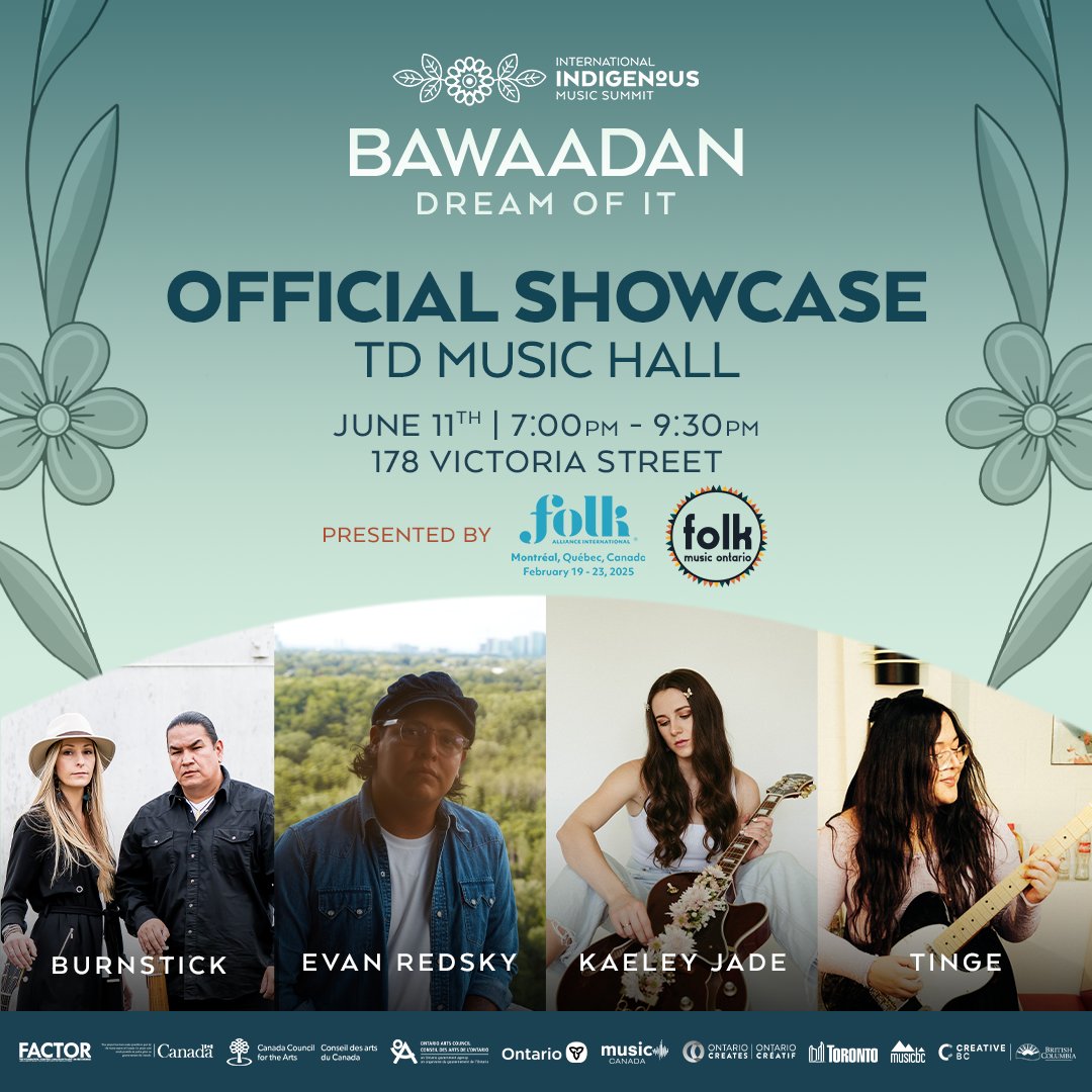 Join us JUNE 11th for the official showcase at <a href="/tdmusichall/">TD Music Hall</a>, presented by <a href="/folkalliance/">Folk Alliance</a> &amp; <a href="/folkmusicon/">Folk Canada</a>🚨 ft @burnstickmusic, Evan Redsky, Kaeley Jade &amp; Tinge! Doors open at 6:30, show begins at 7 *limited tickets available at the door* Register today 🔗 in bio #IIMS2024