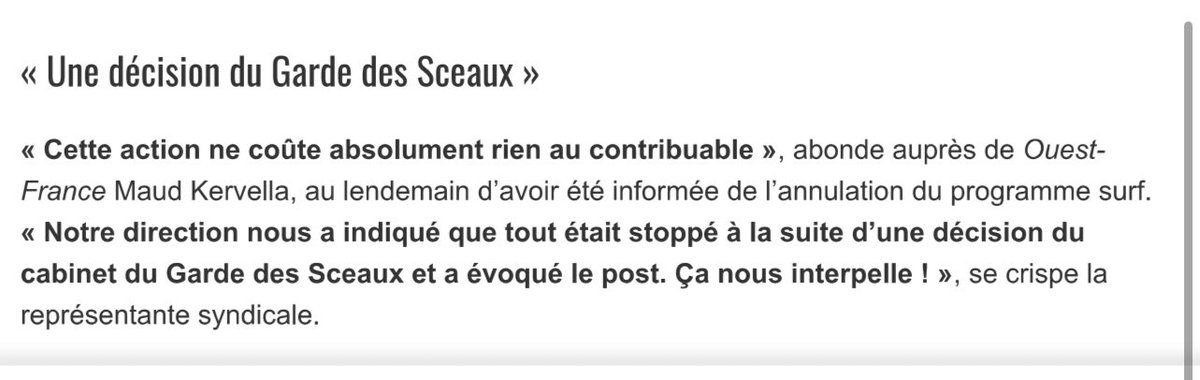 À cause de moi, 8 détenus du centre pénitentiaire de Ploemeur n’iront pas surfer. Le cabinet de Moretti a fait annuler la sortie suite à ma publication. RT si c’est triste. 😔