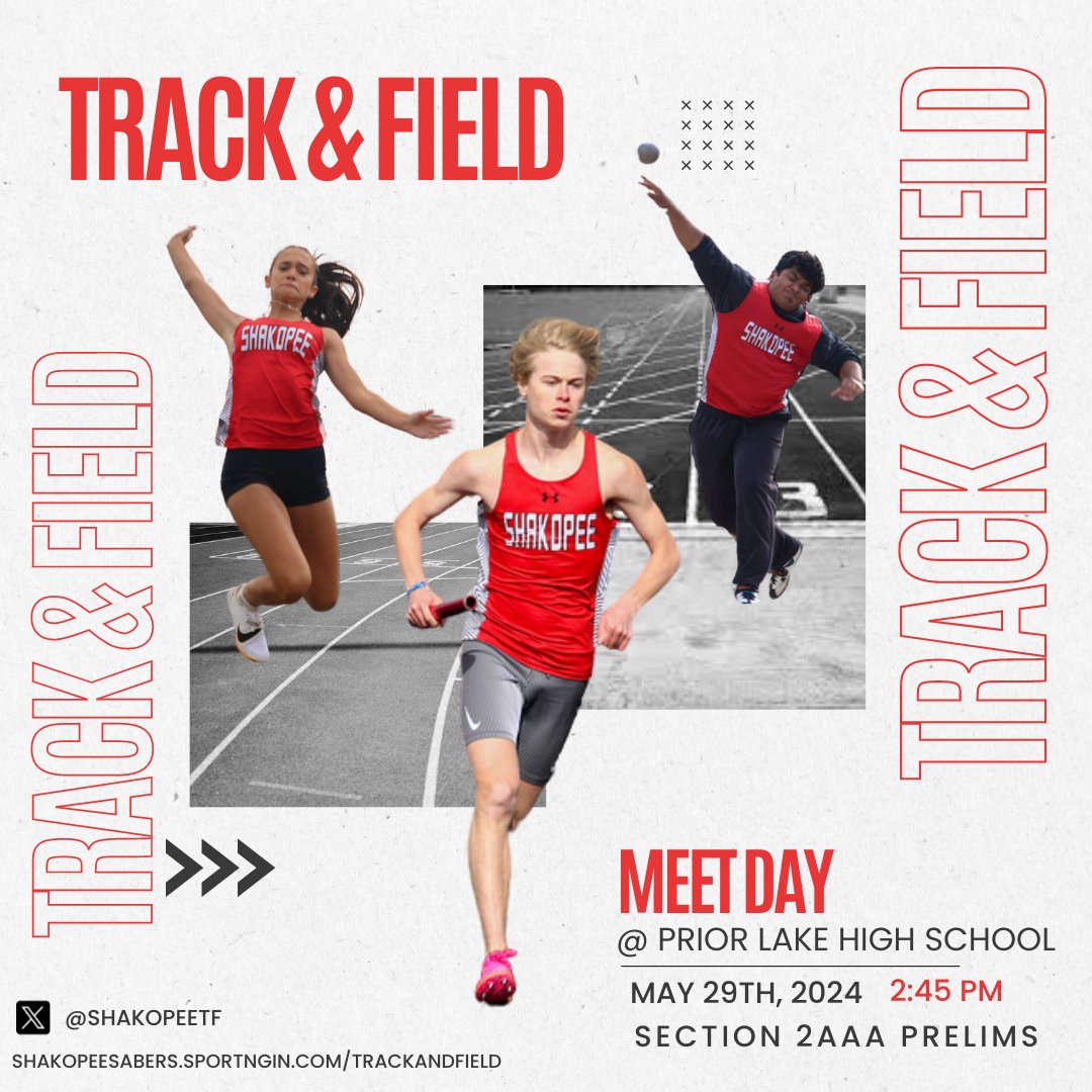 🚨Meet Day - Section 2AAA Prelims🚨

📅 Wed, May 29th

⏰ 2:45 PM

📍 Prior Lake High School

🏁 Results: live.herostiming.com/meets/38266