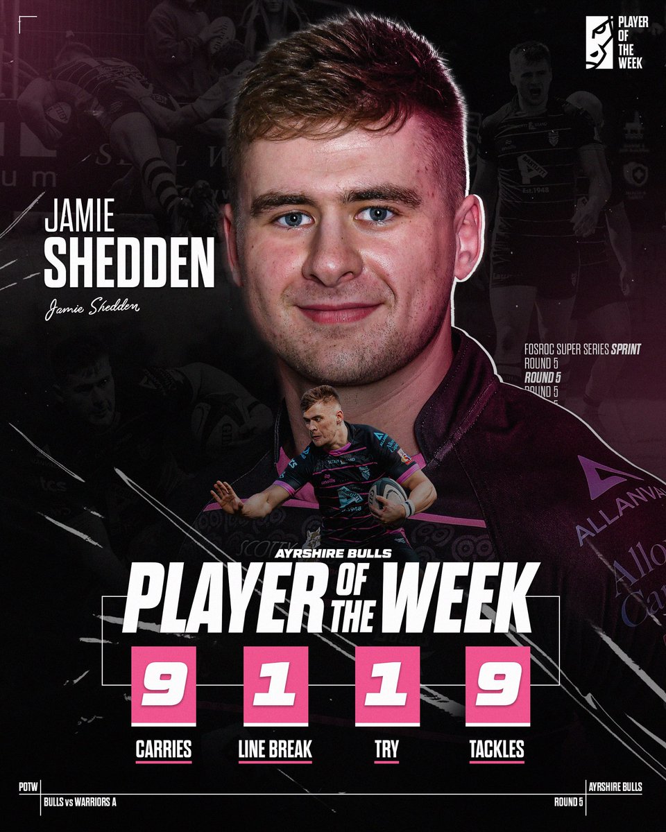 🏅 Jamie Shedden is this week’s Player of the Week for his performance in Round 5 against Glasgow Warriors A 💪 9️⃣ Carries 1️⃣ Line Break 1️⃣ Try 9️⃣ Tackles - 100% Success Rate 👊 #backingthebulls | #POTW