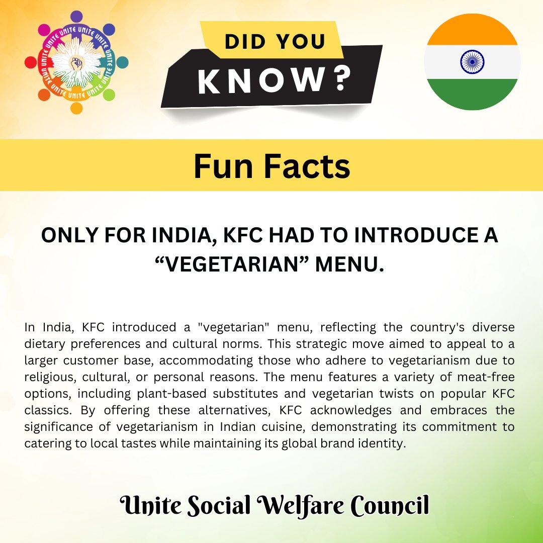 Only for India, KFC had to introduce a “vegetarian” menu.

#uswc #kfc #vegetarianmenu #indiancuisine #localtastes #culturaldiversity