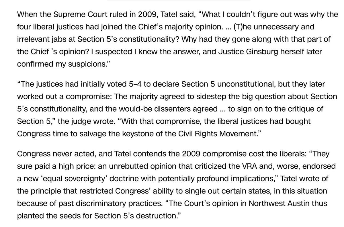 Judge Tatel confirms, via RBG, that SCOTUS had five votes to strike down Section 5 of the VRA in Northwest Austin in 2009, but the liberal justices signed onto a critique of it instead as a compromise: cnn.com/2024/05/29/pol…