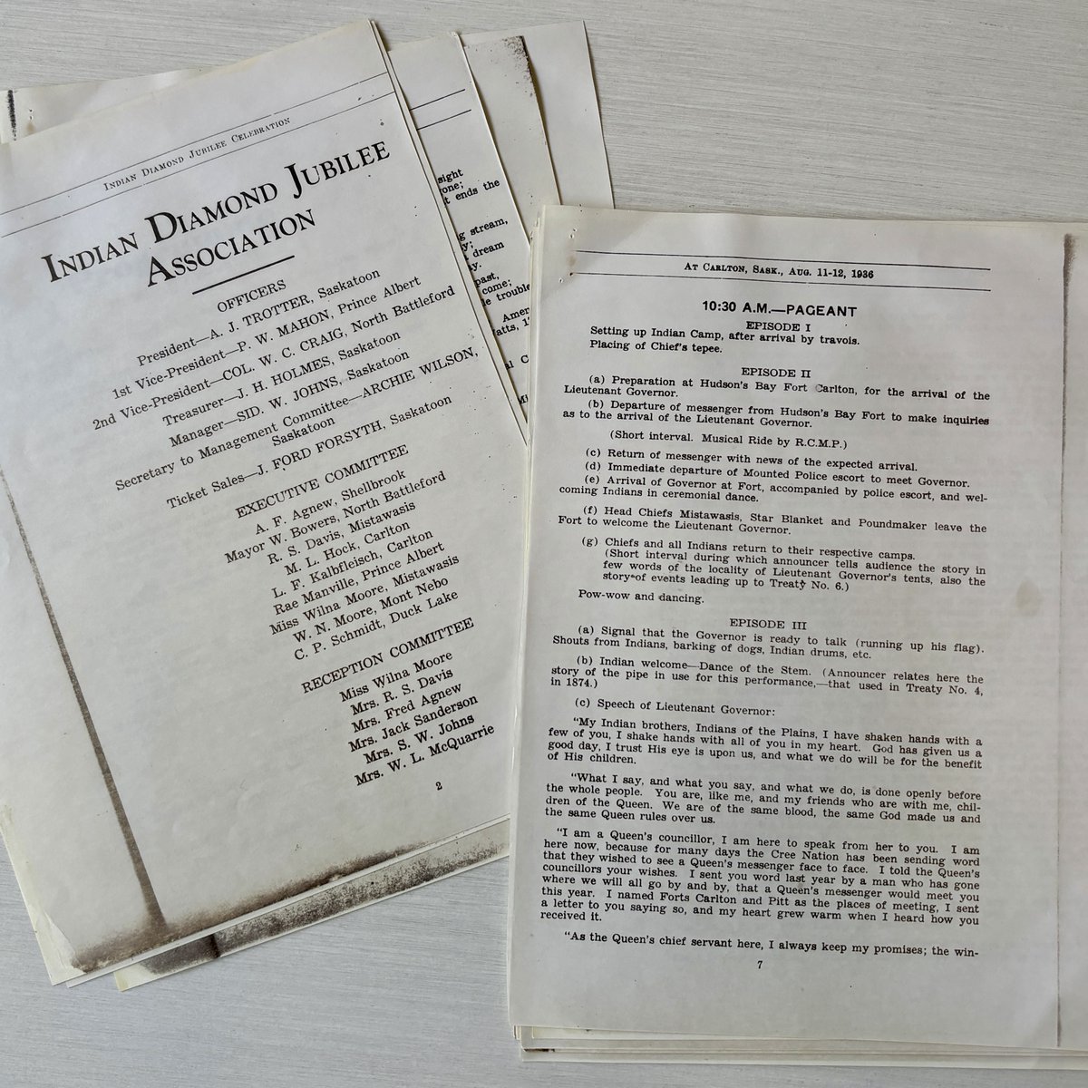 Another record of the Diamond Jubilee Celebration of Treaty 6 is the programme for the event itself ((S)X 16). The programme includes the members of the Indian Diamond Jubilee Association and the lines for a pageant detailing the history of Treaty 6 territory.