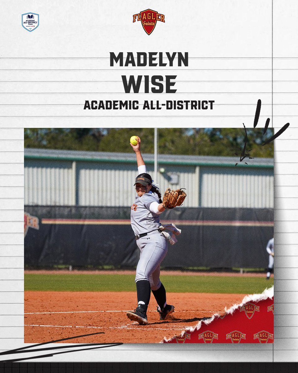 Madelyn Wise was selected to the 2023-24 Academic All-District® Softball team announced by College Sports Communicators‼️ Wise holds a 3.54 GPA and is a psychology major with minors in criminology and health science📚 #GoSaints | @FlaglerSoftball