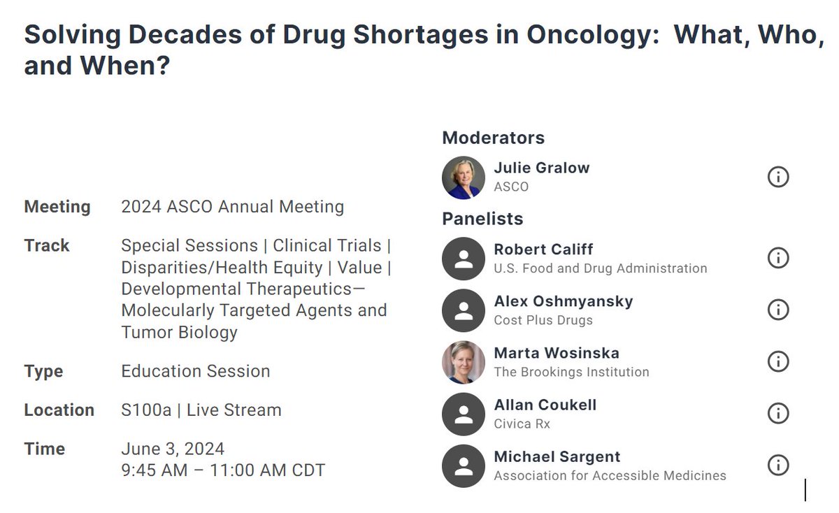 Here's an #asco24 session on cancer drug shortages that you may want to get on your calendar - June 3rd 9:45 am. Great panel: @asco @BrookingsInst @US_FDA @CivicaRx @AAccessibleMed @costplusdrugs @MWosinska @alexosh @DrCaliff_FDA @coukell