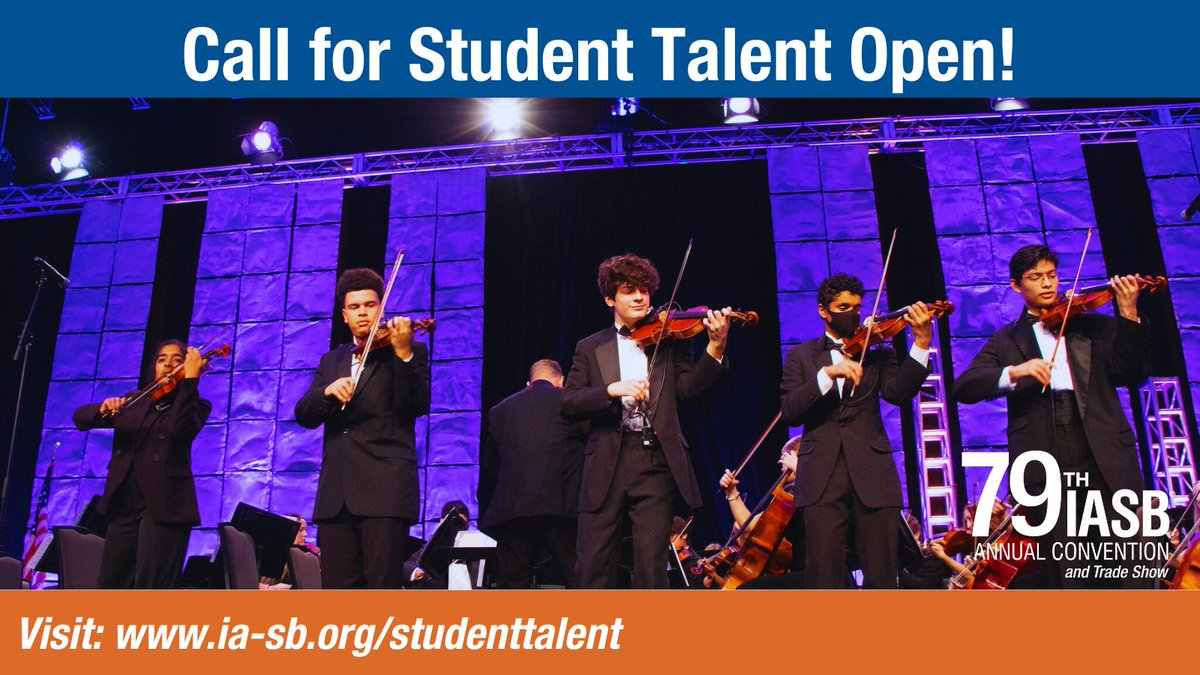 We all know Iowa is home to some amazing students and the Opening General Session at IASB’s 79th Annual Convention is the perfect place to showcase your district’s talented performers! 

Learn more and submit your student talent application today: ia-sb.org/studenttalent. #IASB79