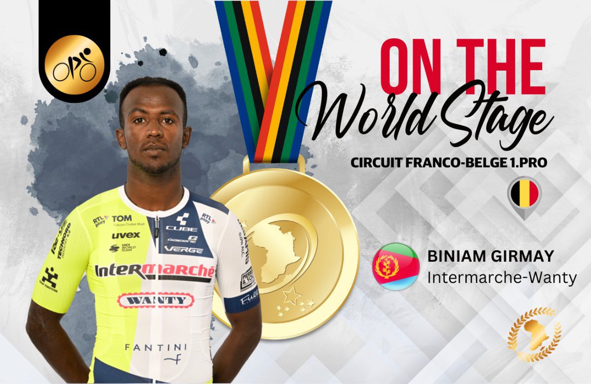 Eritrean rider Biniam Girmay pedals his way across the finish line, taking the WIN at the 2024 Circuit Franco-Belge today! 🏆🇪🇷 An incredible performance and a well-deserved victory. Congratulations, Biniam! 🎉👏 #Cycling #AfricanCycling #RoadCycling #Belgium #PodiumPursuit