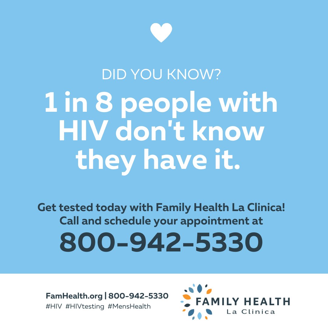 Did you know that 1 in 8 people with HIV don’t know they have it? Get tested with Family Health La Clinica! Call and schedule your appointment at 800-942-5330! 

#fhlcchc #hivtesting #hiv #menshealth