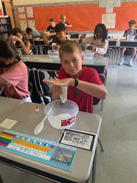 In Mrs. O'Brien's class at SCE, 5th grader Lexington Badger created and shared a presentation on celiac disease for Celiac Awareness Month. After she informed her classmates about the disease, her family joined her to help the class make gluten-free slime!