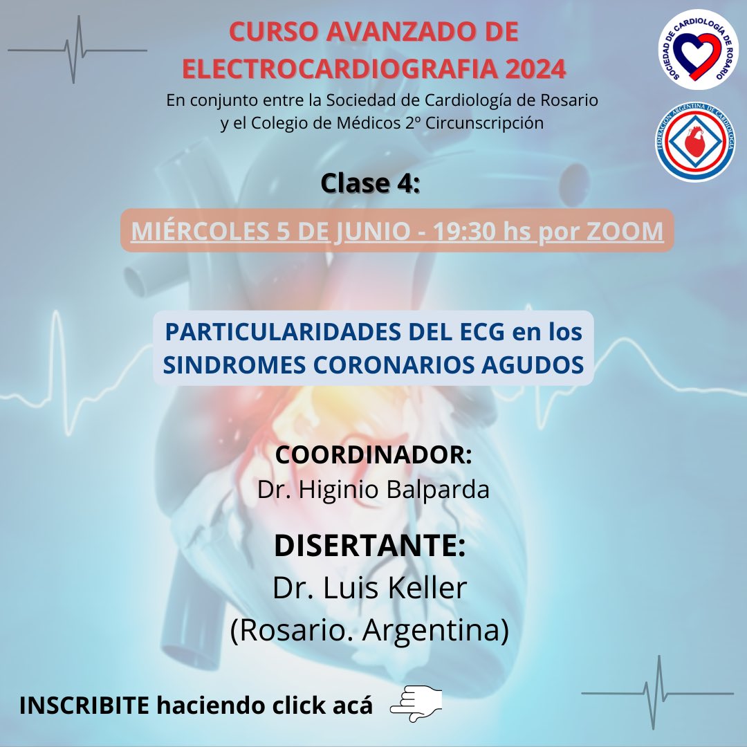ATENCIÓN 🤓
Clase 4 del Curso Avanzado de ECG 2024🫀

📆Miércoles 05/06

⏰19:30 hs por Zoom

“PARTICULARIDADES DEL ECG EN LOS SÍNDROMES CORONARIOS AGUDOS”

INSCRIBITE !!! 
us02web.zoom.us/webinar/regist…

#ecg #electrocardiografia #scr #sca #sociedaddecardiologiaderosario  #cardiologia