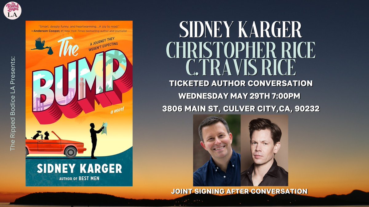 TONIGHT IN LA! We’re hosting an #AuthorEvent with @SidKarger with @ChrisRiceWriter at 7pm. 💛

They'll discuss Sidney's new novel, The Bump. 'Little Miss Sunshine' meets 'Planes, Trains, and Automobiles'. 🚘️

🎟️Tickets:
therippedbodicela.com/events-and-tic…

#TheRippedBodiceLA